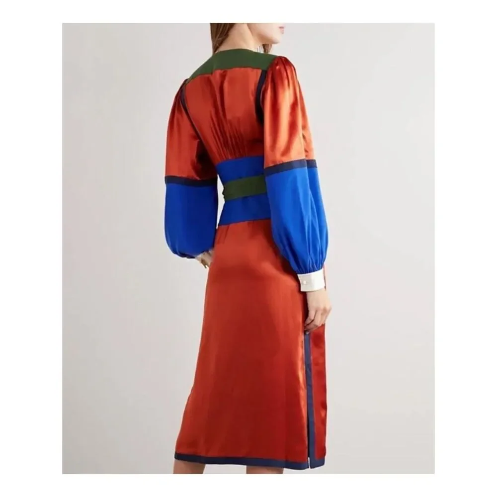 Tory Burch Kola Colorblock Silk Blend Satin Crepe Wrap Dress Size 10